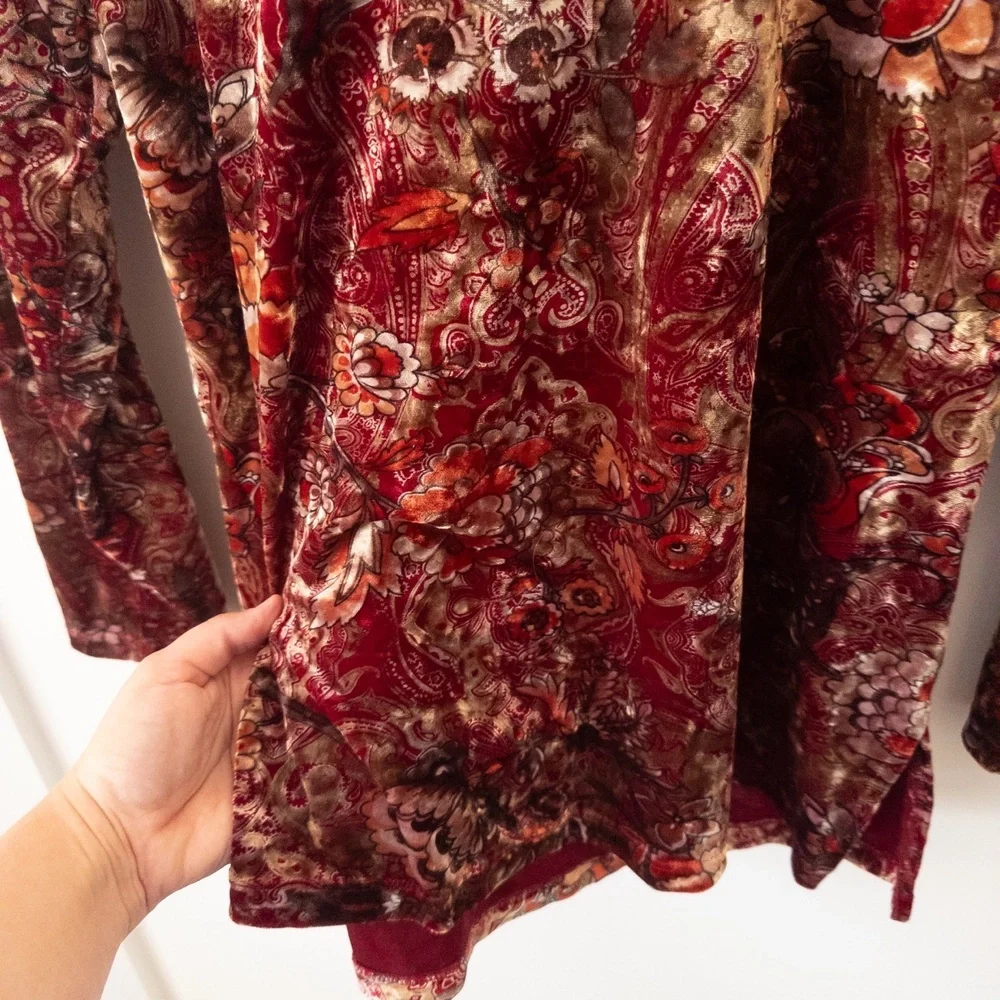 Vintage 90s Velvet Floral Top Womens L Dark Red Gold Paisley Witchy Romantic - Picture 5 of 11